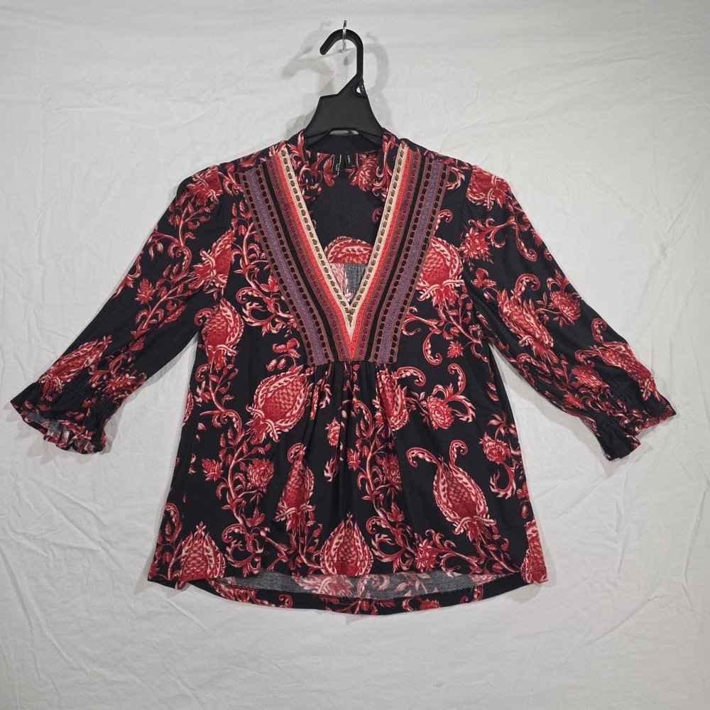 Blank London Embroidered V-Neck Blouse XS Black Red Viscose Floral Boho Top